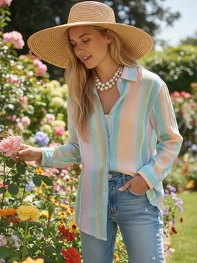 Women’s Pastel Stripe Button-Down Shirt - Lightweight Long Sleeve